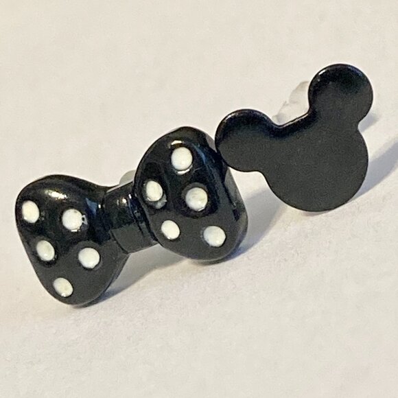 Vintage Disney Mickey Minnie Mouse Earrings Ears Bow Dots Icon Black Disneyana - Picture 4 of 7